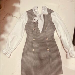 White Blouse & Black-Gray Houndstooth Shift Dress with Bow Collar